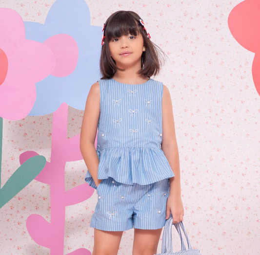 Conjunto Infantil Regata Short Algodão Azul Listrado com Lacinhos  - Pituchinhus