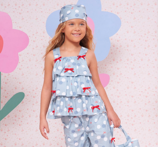 Conjunto Infantil Regata Calça Reta Estampa Poá Lacinhos Vermelho - Pituchinhus
