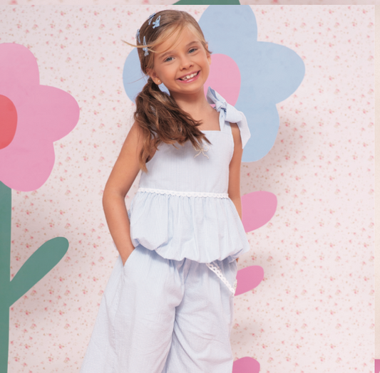 Conjunto Infantil Blusa Balonê Calça Aladim Xadres Azul Lacinhos Bordados - Pituchinhus