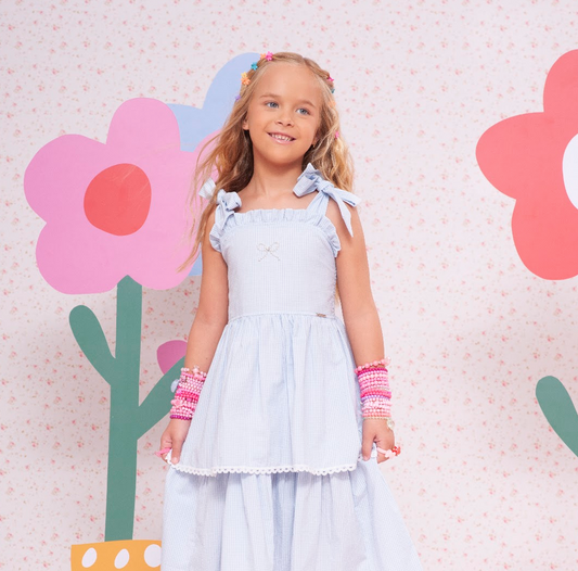 Vestido Infantil Algodão Xadres Azul Babados e Lacinhos Bordados - Pituchinhus