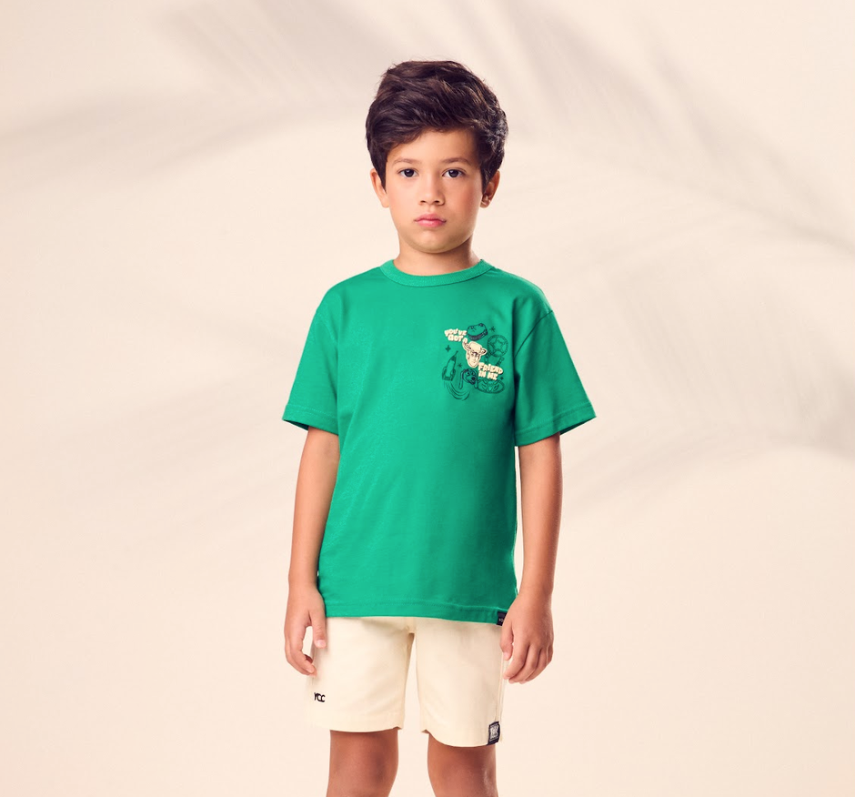 Conjunto Infantil Blusa Verde Woddy Bermuda Off-White - Youccie
