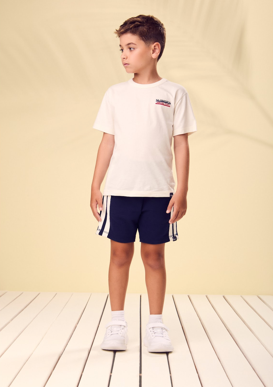 Conjunto Infantil Blusa Off - White Bermuda Marinho - Youccie