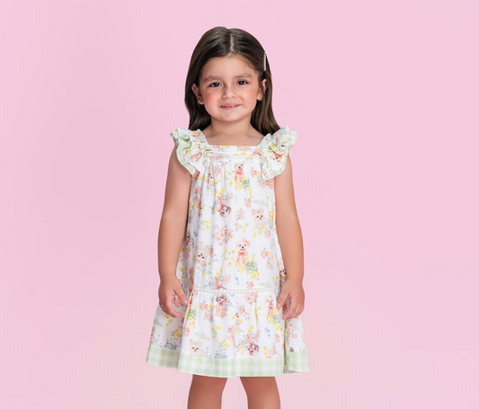 Vestido Infantil Branco Estampado com Cachorros e Flores e Babados Verde -  Petit Cherie