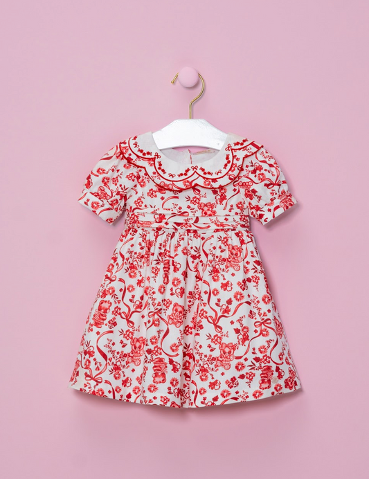 Vestido Infantil Branco com Estampa Floral Vermelha e Gola com Babados - Petit Cherie