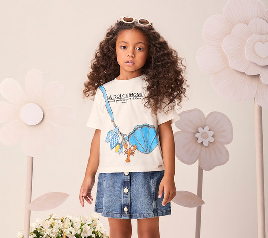 Conjunto Infantil Blusa Bolsa Concha Strass Saia Jeans com Abertura Frontal e Botões - Momi