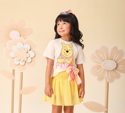 Conjunto Infantil Blusa Ursinho Pooh com Strass Saia Lastex Amarela com Laço Lenço - Momi