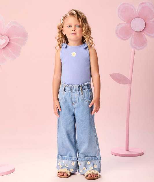 Conjunto Infantil Regata Turim Lilas CalçaJeans Aplique Flor - Momi