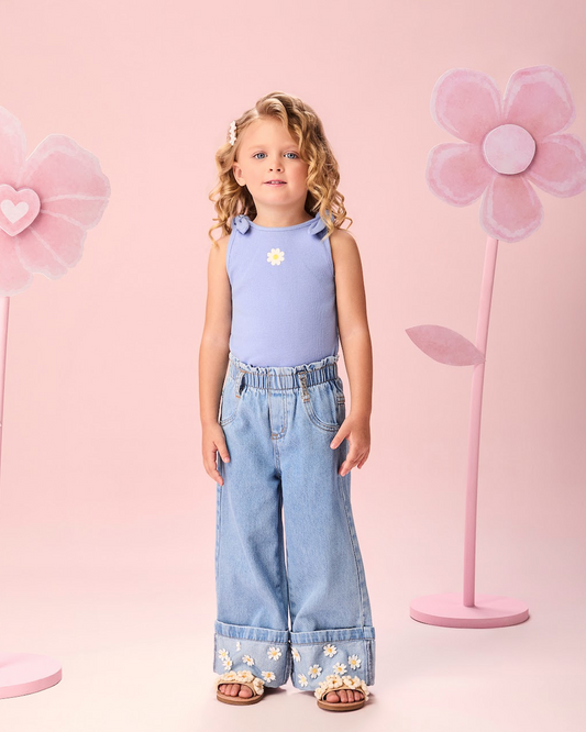 Calça Infantil Jeans Aplique Flor - Momi
