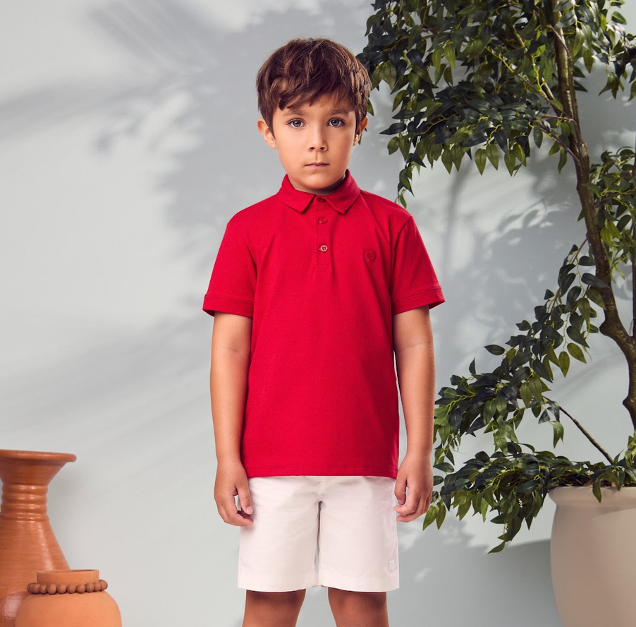 Conjunto Infantil Camisa Polo Vermelha Bermuda Off-White - Youccie