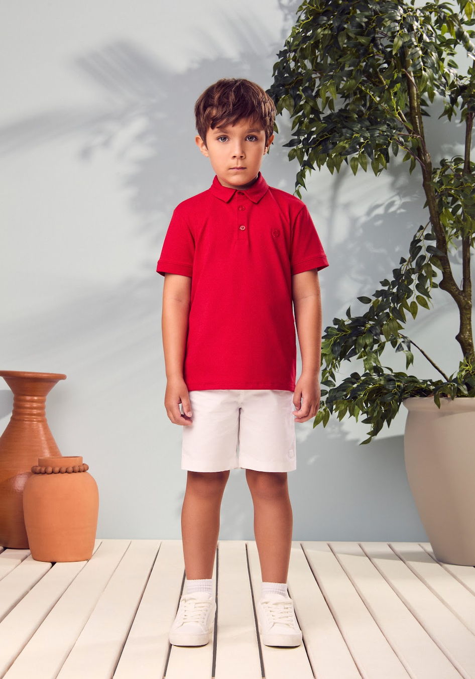 Conjunto Infantil Camisa Polo Vermelha Bermuda Off-White - Youccie