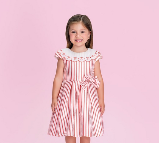Vestido Infantil Listrado Vermelho e Branco com Gola Bordada e Laço - Petit Cherie