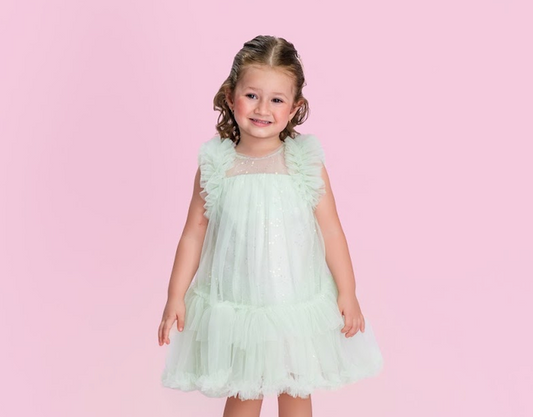 Vestido Infantil Verde em Tule com Brilho e Mangas Franzidas - Petit Cherie