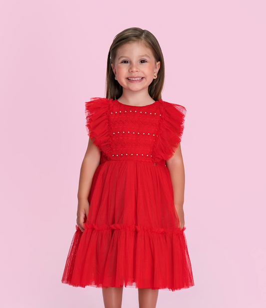 Vestido Infantil Vermelho Tule com Babados e Detalhes em Strass - Petit Cherie