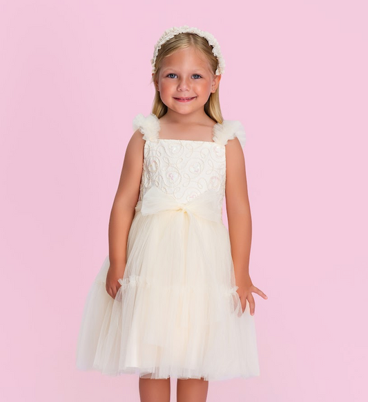 Vestido Infantil Off-White Tule com Bordado Laço e Alças - Petit Cherie