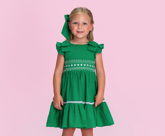 Vestido Infantil Verde com Laços Babados e Detalhes em Renda - Petit Cherie