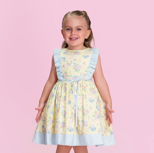 Vestido Infantil Amarelo com Estampa Floral e Babados Azul-Claro - Petit Cherie