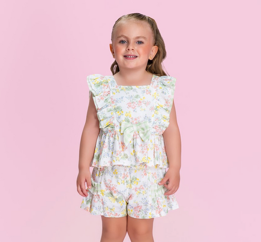 Conjunto Infantil Floral com Blusa de Babados e Short com Laço - Petit Cherie