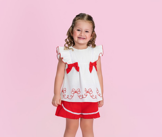 Conjunto Infantil Branco e Vermelho com Laços e Bordado Floral - Petit Cherie