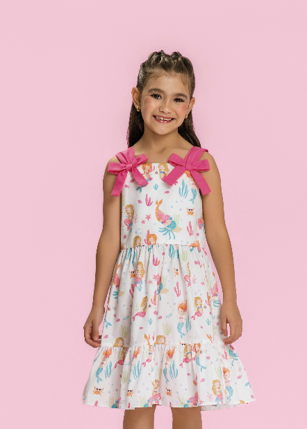 Vestido Infantil Estampa Sereia Alça de Laço - Mon Sucré