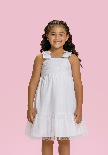 Vestido Infantil Branco com Alças de Laços e Tule - Mon Sucré