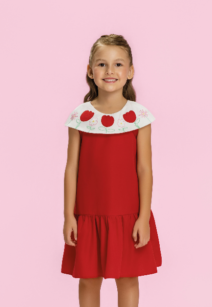 Vestido Infantil Vermelho com Gola Bordada Floral - Mon Sucré