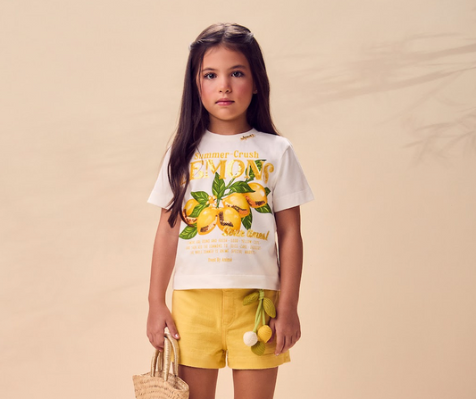 Conjunto Infantil Blusa Off White Lemon Shorts Sarja Amarelo Solar - Animê