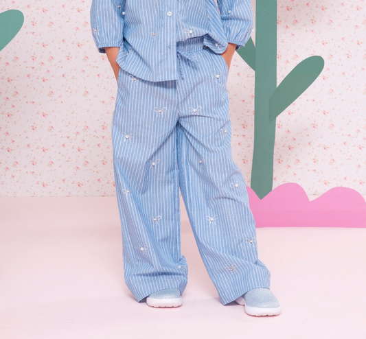 Calça Infantil  Algodão Azul Listrada com Lacinhos Cristais - Pituchinhus