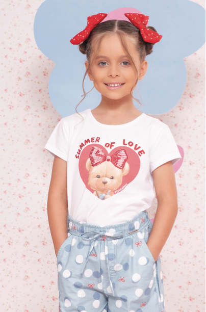 Conjunto Infantil Blusa Cotton Ursinha Calça Reta Estampa Poá Lacinhos Vermelho - Pituchinhus