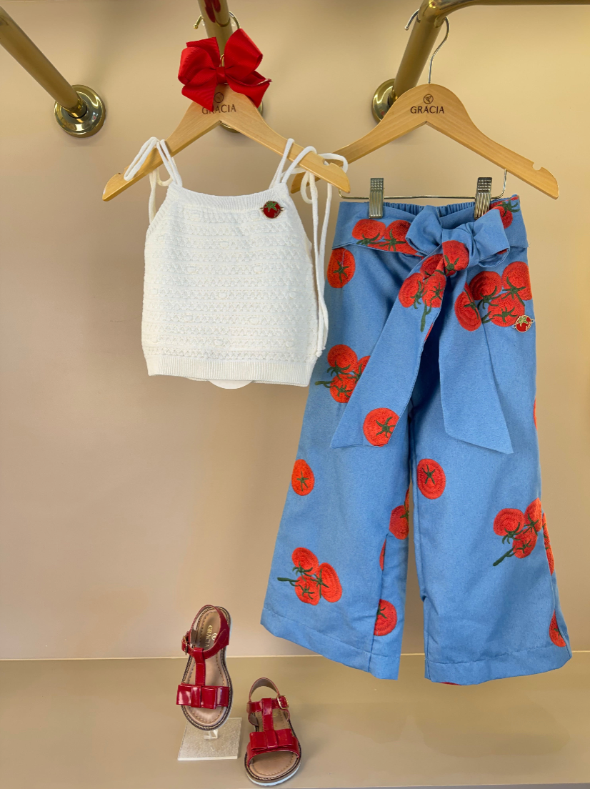 Conjunto Infantil Blusa Branca Calça Bordado Tomate - Animê