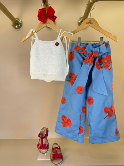 Conjunto Infantil Blusa Branca Calça Bordado Tomate - Animê