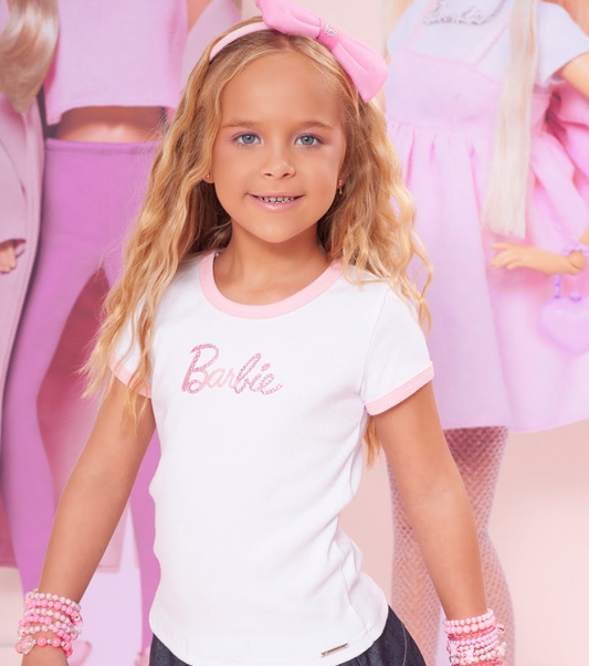 Conjunto Infantil Blusa Barbie Strass Shorts Babado Balonê Barbie Rosa Xadrez - Pituchinhus