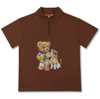 Conjunto Infantil Marrom com Camiseta de Zíper e Estampa de Teddy Frescobol e Cachorro – Dame