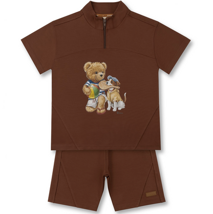Conjunto Infantil Marrom com Camiseta de Zíper e Estampa de Teddy Frescobol e Cachorro – Dame