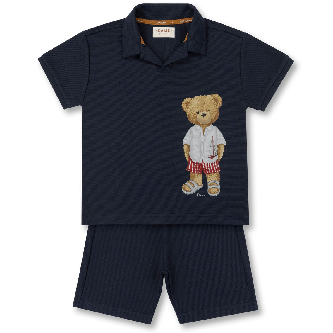 Conjunto Infantil Polo Marinho com Estampa de Urso e Bermuda em Moletom – Dame