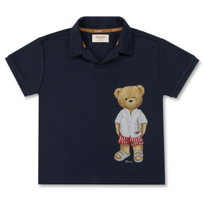 Conjunto Infantil Polo Marinho com Estampa de Urso e Bermuda em Moletom – Dame