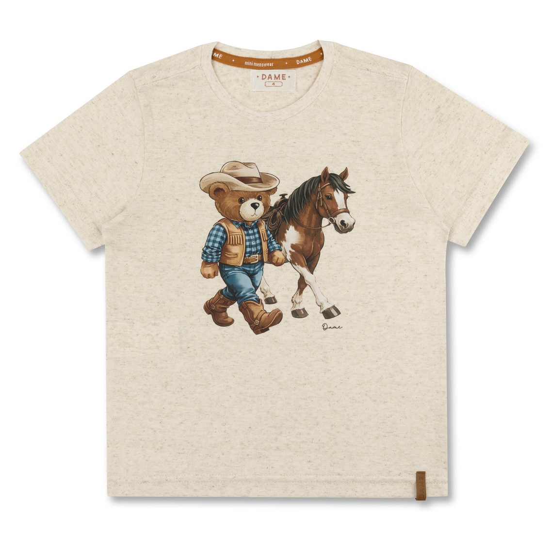 Camiseta Infantil Bege com Estampa de Urso Cowboy e Cavalo – Dame