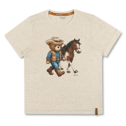 Camiseta Infantil Bege com Estampa de Urso Cowboy e Cavalo – Dame