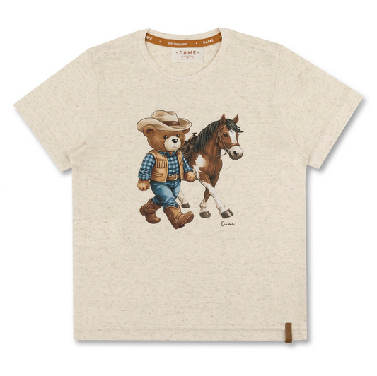 Camiseta Infantil Bege com Estampa de Urso Cowboy e Cavalo – Dame
