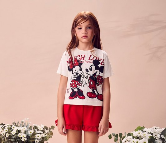 Conjunto Infantil Blusa Branca Minnie Mickey Short Vermelho com Babados em Laise - Animê