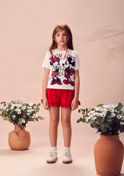 Conjunto Infantil Blusa Branca Minnie Mickey Short Vermelho com Babados em Laise - Animê