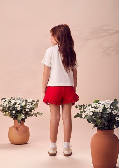 Conjunto Infantil Blusa Branca Minnie Mickey Short Vermelho com Babados em Laise - Animê