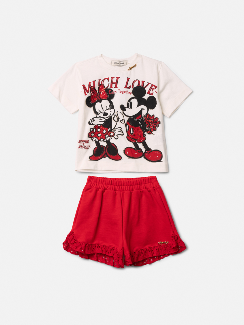 Conjunto Infantil Blusa Branca Minnie Mickey Short Vermelho com Babados em Laise - Animê