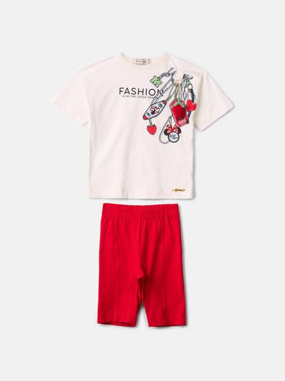 Conjunto Infantil Blusa Off White Minnie Fashion Chaveirinho Morango Legging Curta Vermelha - Animê