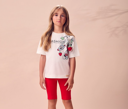 Conjunto Infantil Blusa Off White Minnie Fashion Chaveirinho Morango Legging Curta Vermelha - Animê