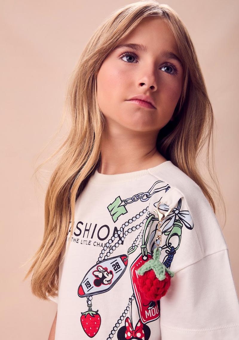Conjunto Infantil Blusa Off White Minnie Fashion Chaveirinho Morango Legging Curta Vermelha - Animê