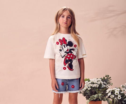 Conjunto Infantil  Blusa Off White Minnie Estampa de Flores 3D Short Jeans com Flores Vermelhas Bordadas - Animê