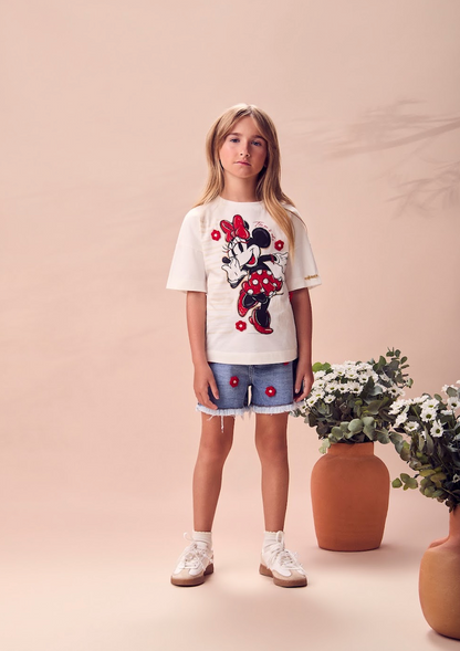 Conjunto Infantil  Blusa Off White Minnie Estampa de Flores 3D Short Jeans com Flores Vermelhas Bordadas - Animê