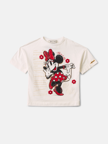 Conjunto Infantil  Blusa Off White Minnie Estampa de Flores 3D Short Jeans com Flores Vermelhas Bordadas - Animê