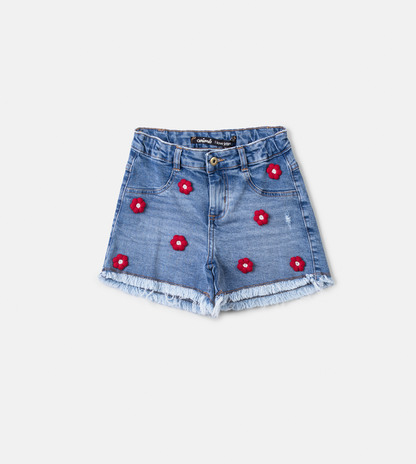 Conjunto Infantil  Blusa Off White Minnie Estampa de Flores 3D Short Jeans com Flores Vermelhas Bordadas - Animê