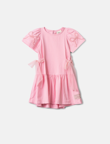 Vestido Infantil Rosa com Mangas Bordadas e Laços Laterais - Animê